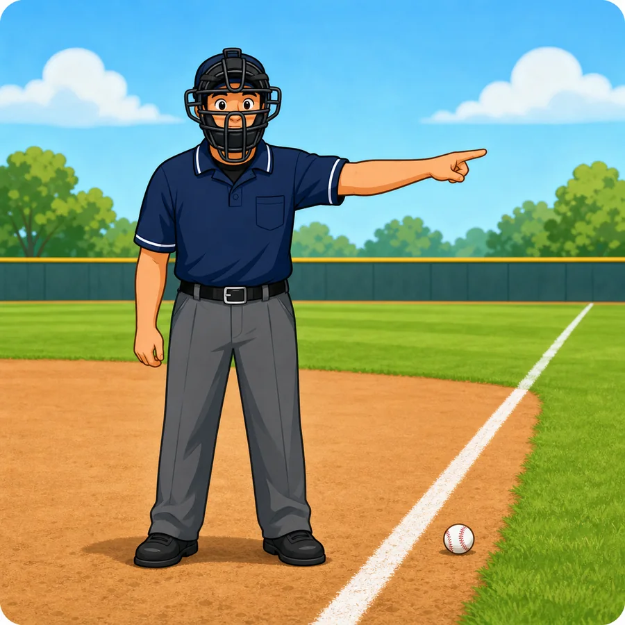 Cartoon baseball umpire demonstrating the Fair Ball signal