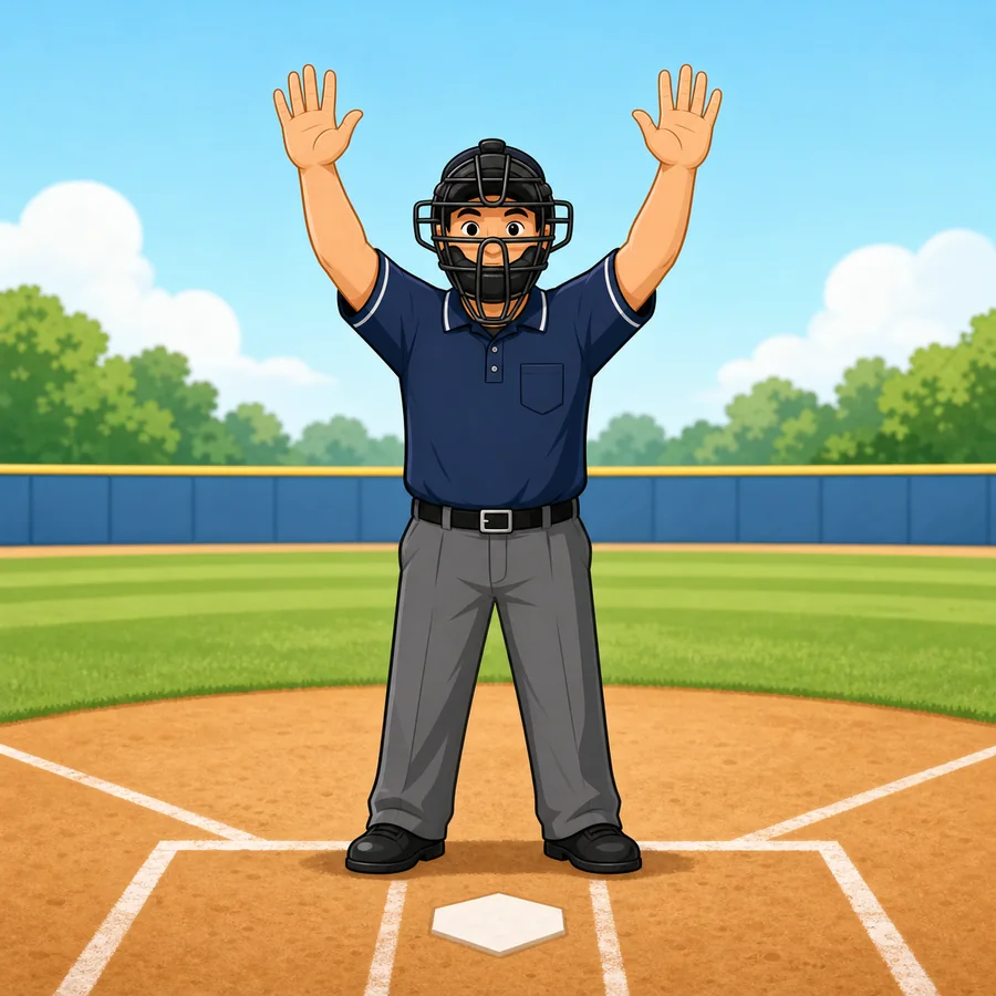 Cartoon baseball umpire demonstrating the Time signal