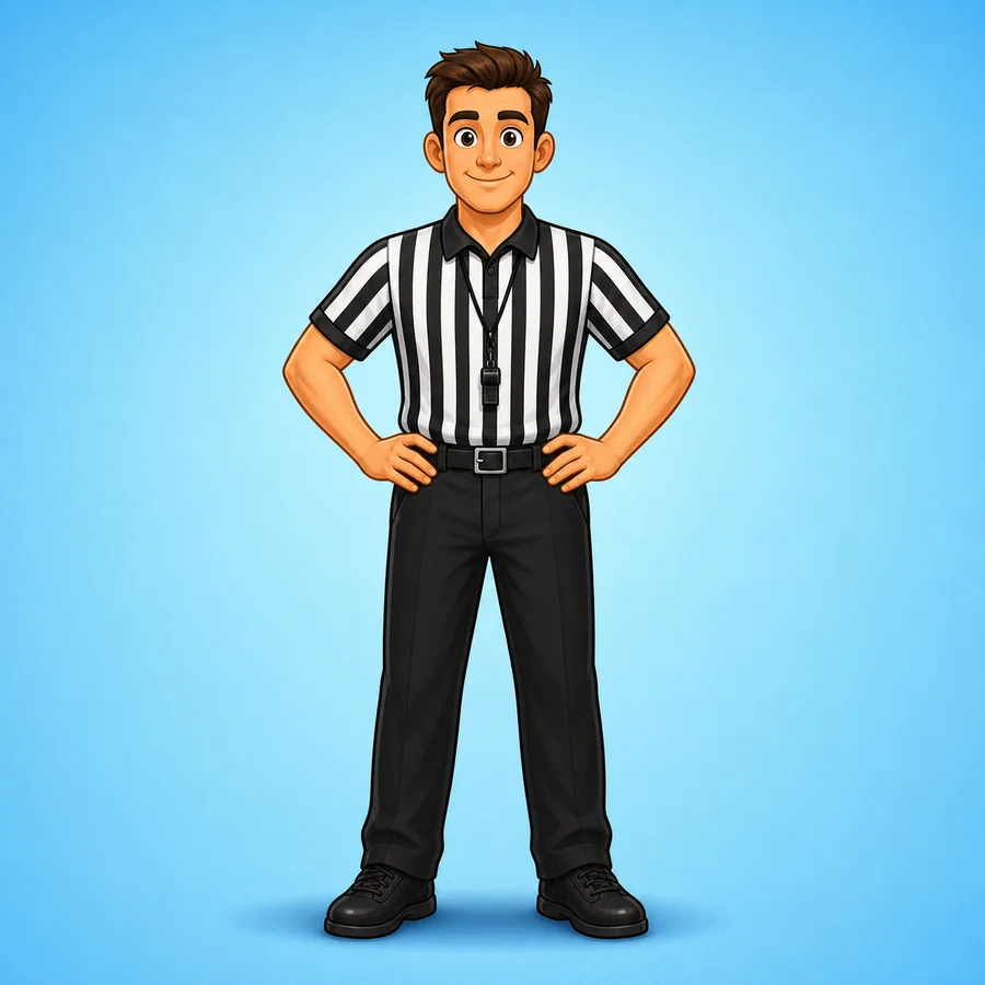 Cartoon basketball referee demonstrating the Blocking Foul signal