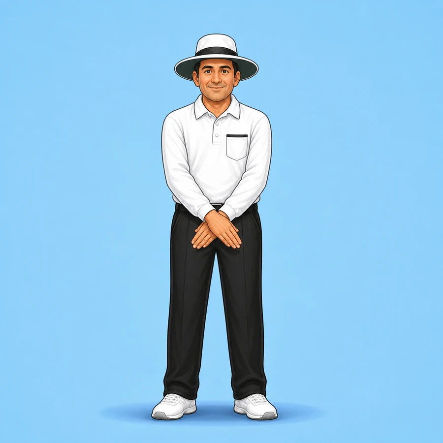 Cartoon cricket umpire demonstrating the Dead Ball signal