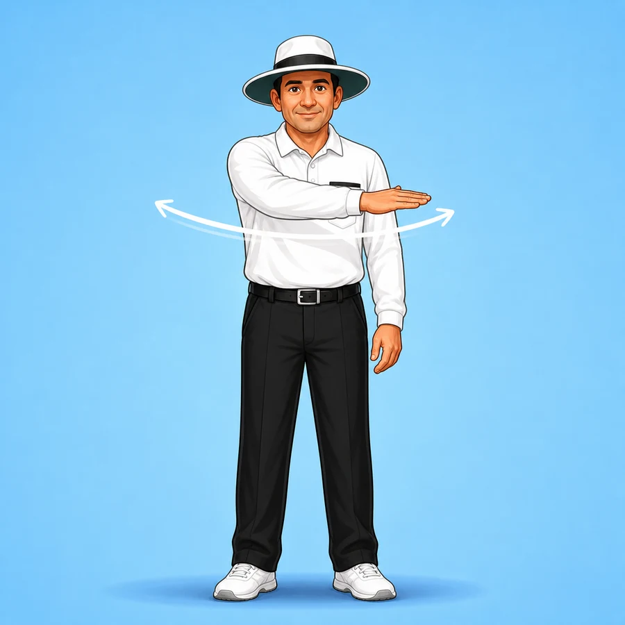 Cartoon cricket umpire demonstrating the Four signal