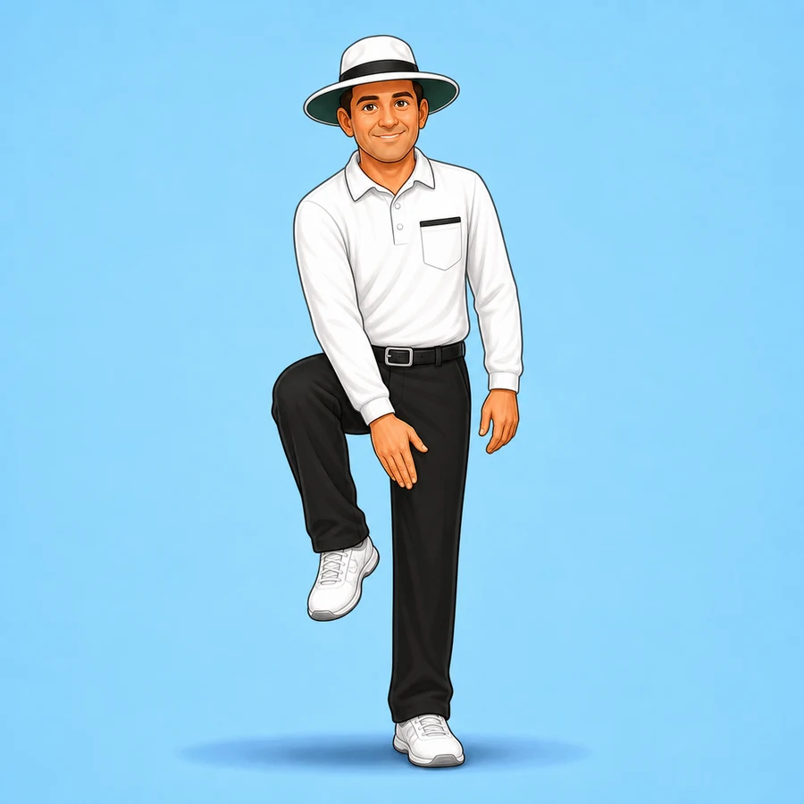Cartoon cricket umpire demonstrating the Leg Bye signal