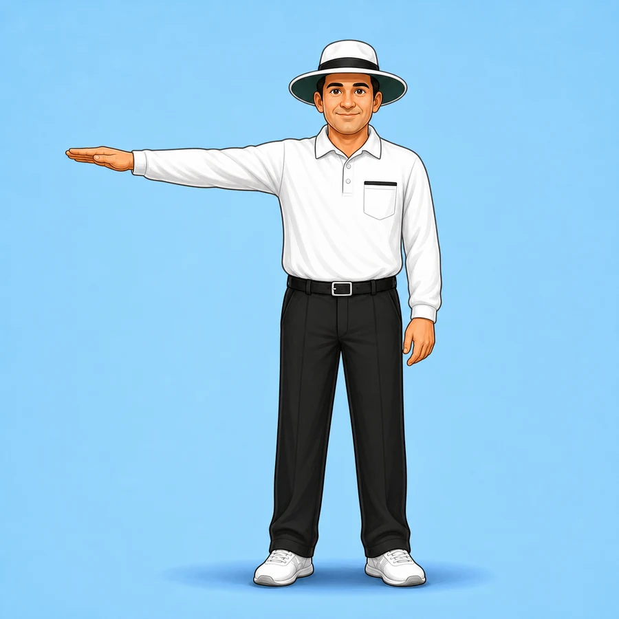 Cartoon cricket umpire demonstrating the No Ball signal