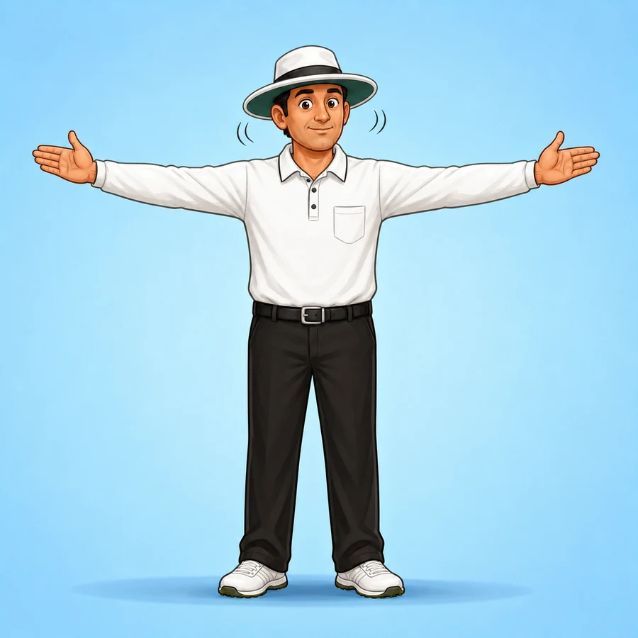 Cartoon cricket umpire demonstrating the Not Out signal