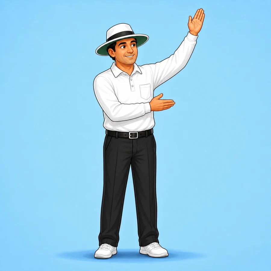 Cartoon cricket umpire demonstrating the Signal To Scorers signal