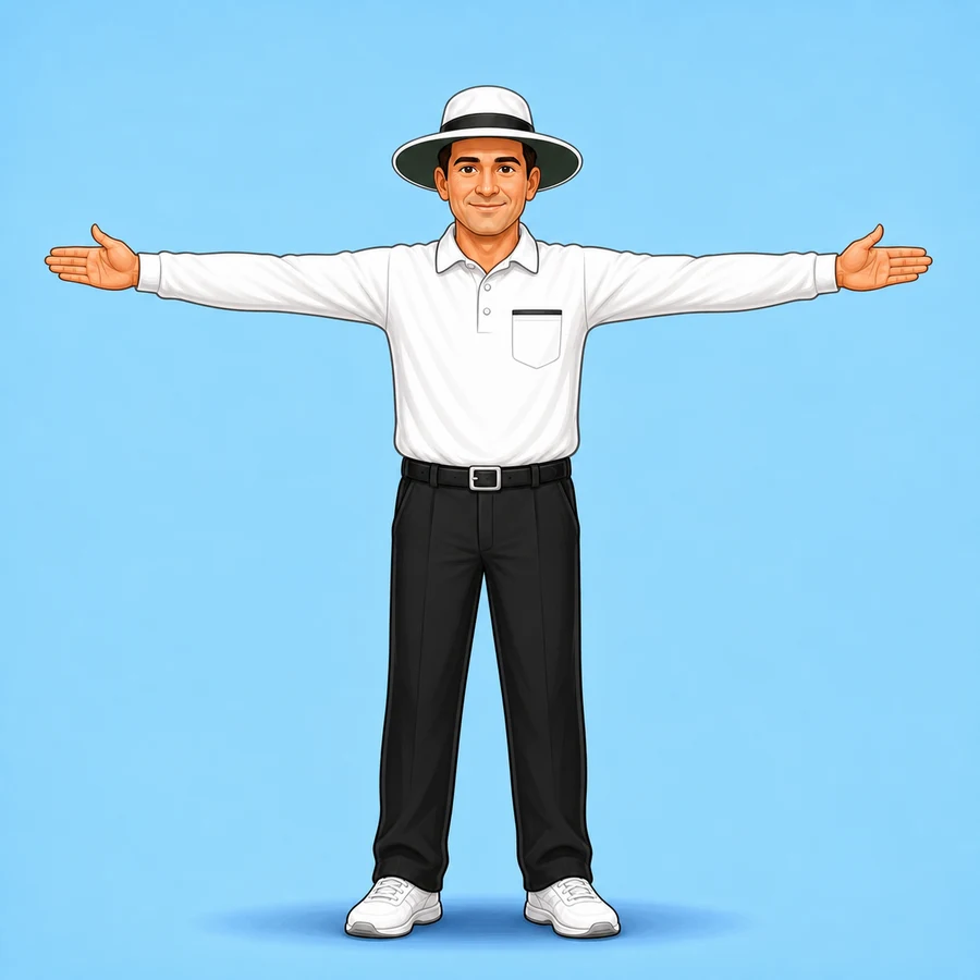 Cartoon cricket umpire demonstrating the Wide signal