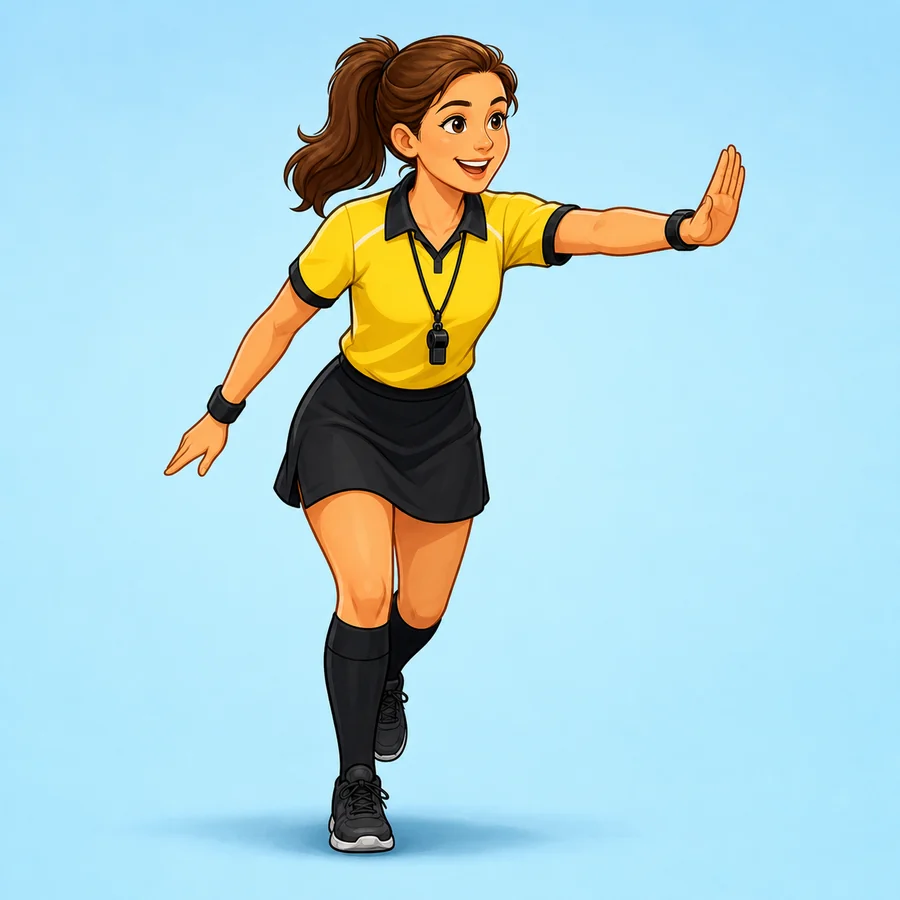 Cartoon field hockey referee demonstrating the Advantage signal