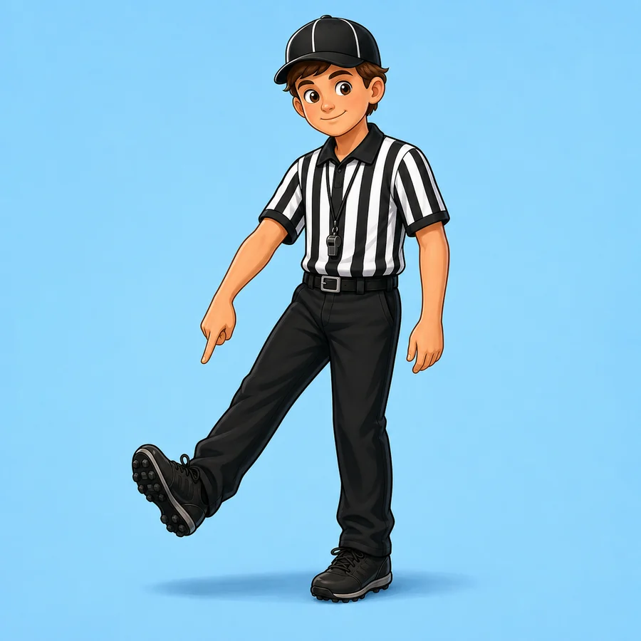 Cartoon field hockey referee demonstrating the Foot signal