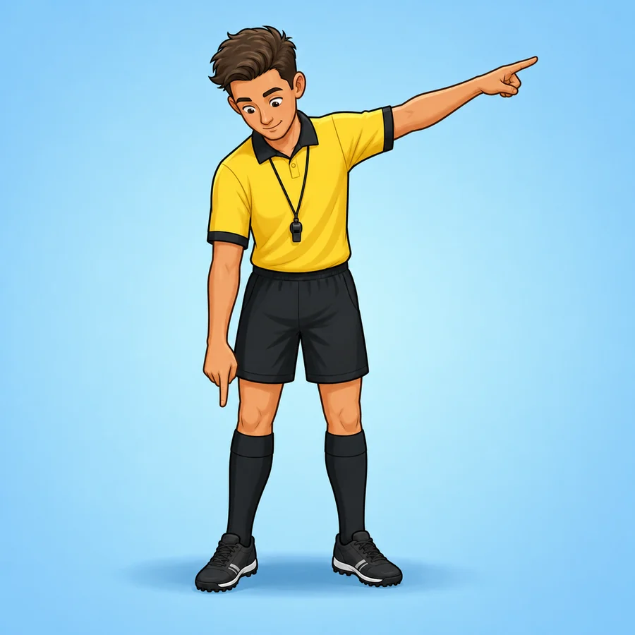 Cartoon field hockey referee demonstrating the Penalty Corner signal