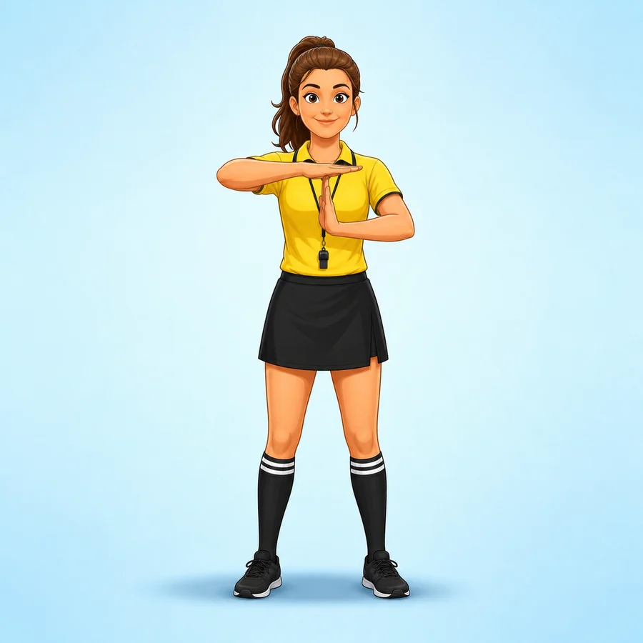 Cartoon field hockey referee demonstrating the Time signal