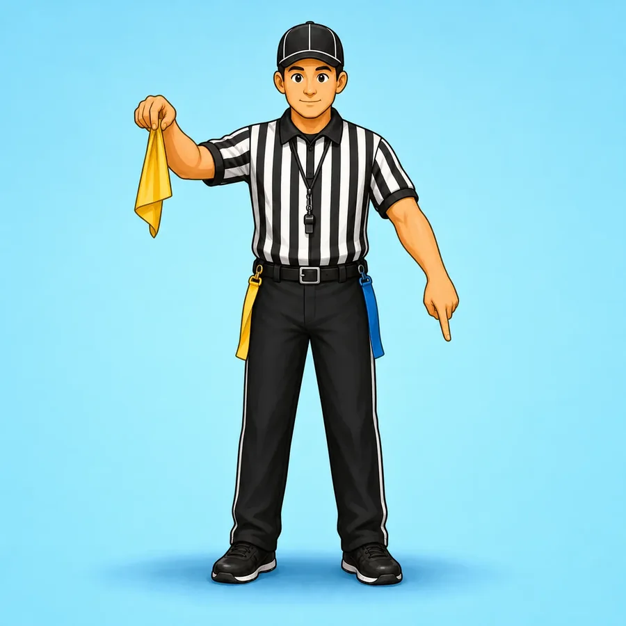 Cartoon flag football referee demonstrating the Flag Pull Or Dead Ball signal