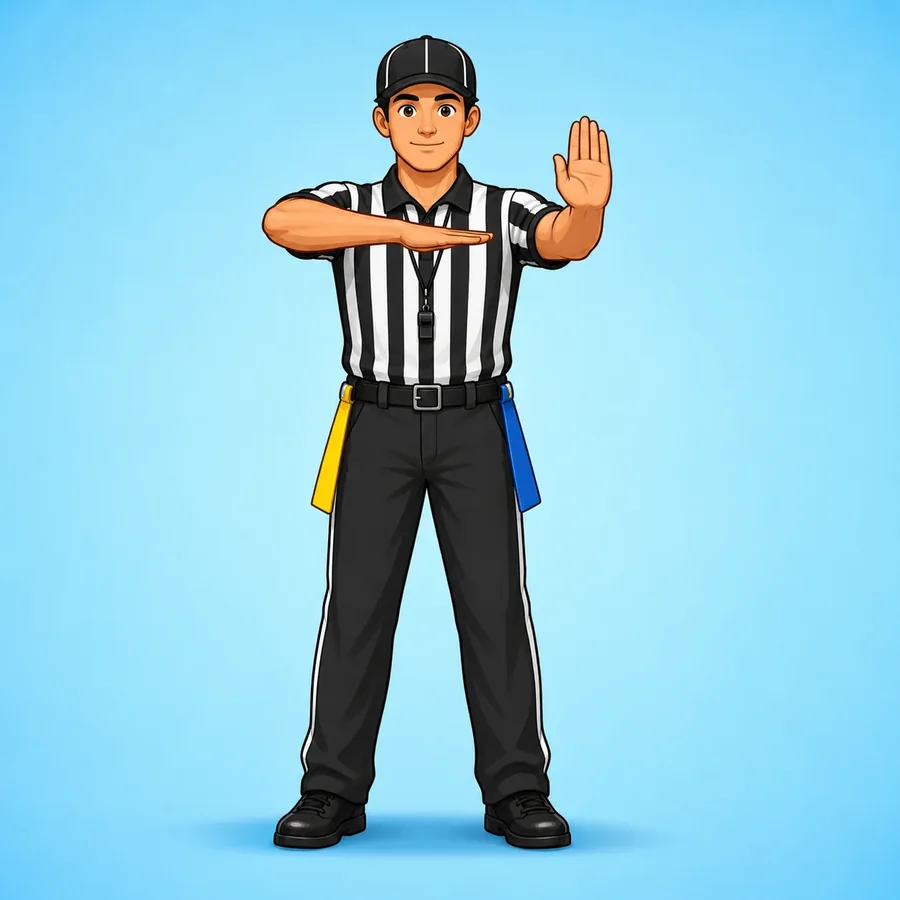 Cartoon flag football referee demonstrating the Pass Interference signal