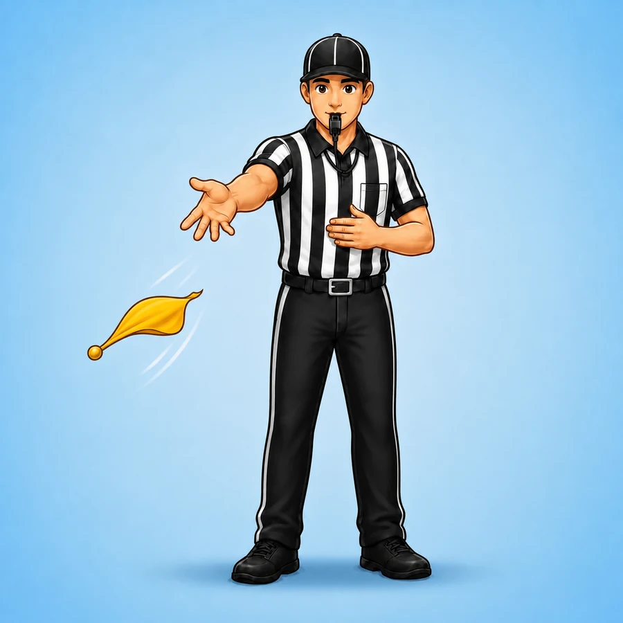 Cartoon football referee demonstrating the Penalty Flag Thrown signal