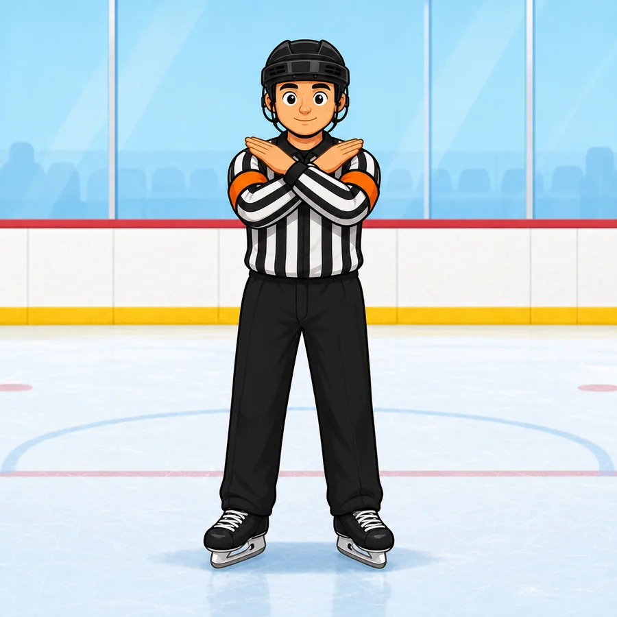 Cartoon hockey referee demonstrating the Icing signal