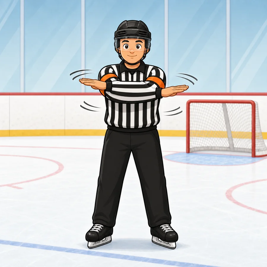 Cartoon hockey referee demonstrating the No Goal Or Washout signal