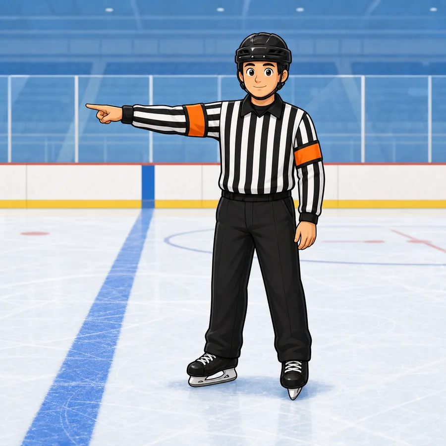 Cartoon hockey referee demonstrating the Offsides signal