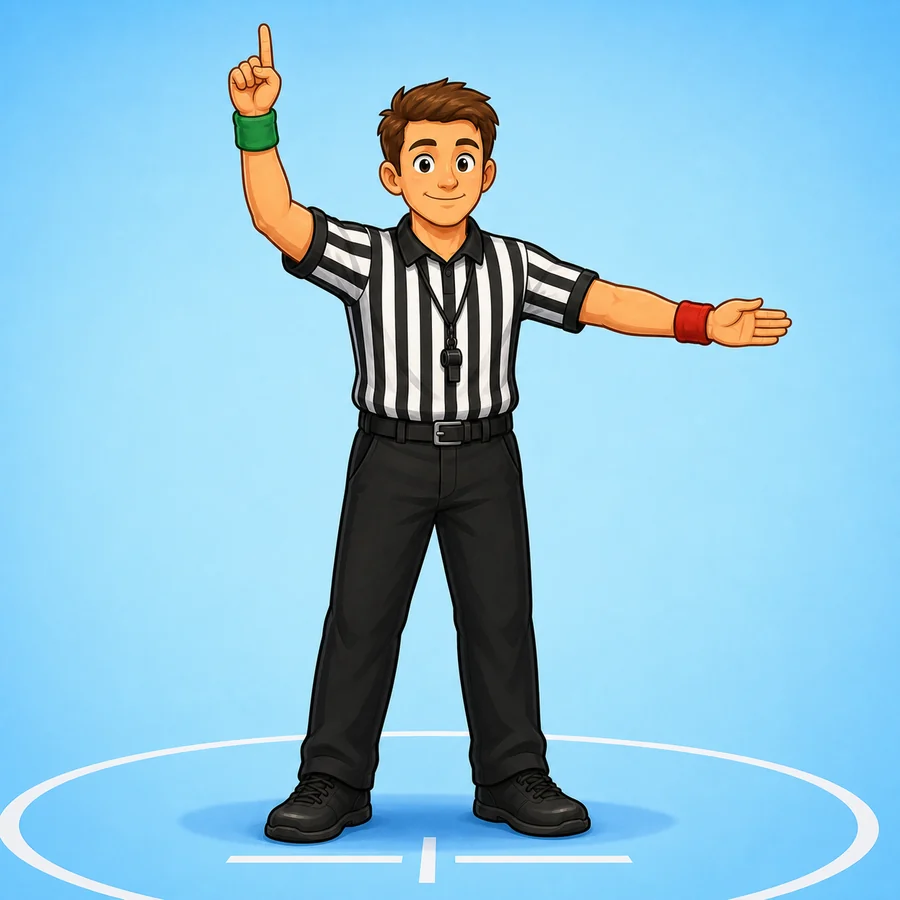 Cartoon lacrosse referee demonstrating the Crease Violation signal