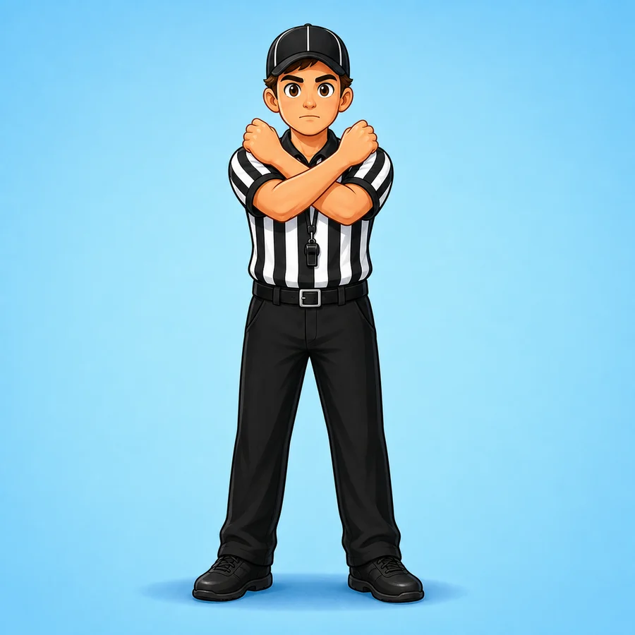 Cartoon lacrosse referee demonstrating the Illegal Body Check Or Contact signal