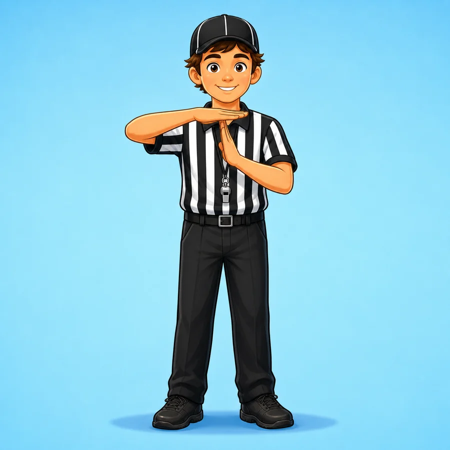 Cartoon lacrosse referee demonstrating the Warding signal