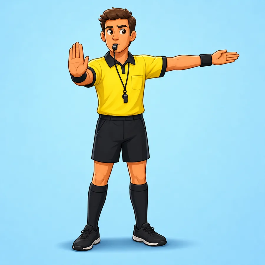 Cartoon rugby referee demonstrating the Free Kick signal