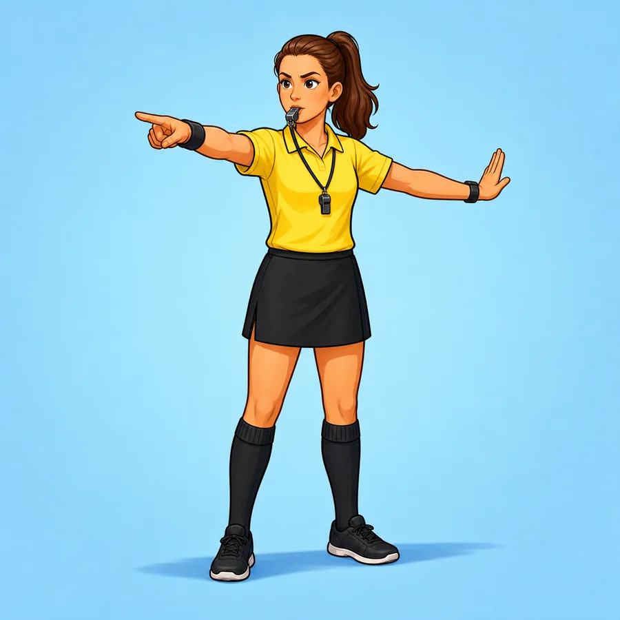 Cartoon rugby referee demonstrating the Lineout signal