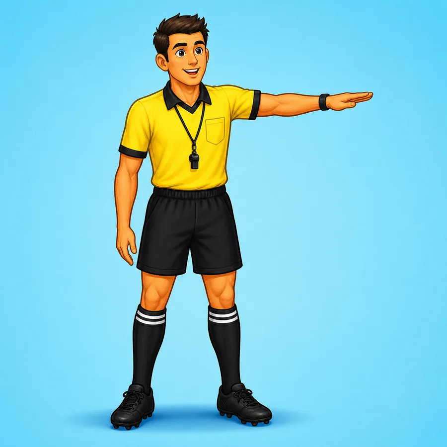 Cartoon rugby referee demonstrating the Penalty signal