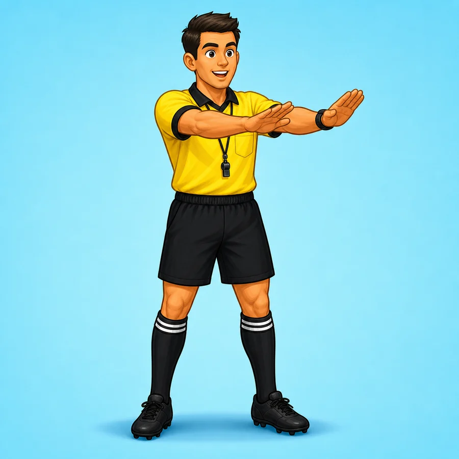 Cartoon soccer referee demonstrating the Advantage Or Play On signal