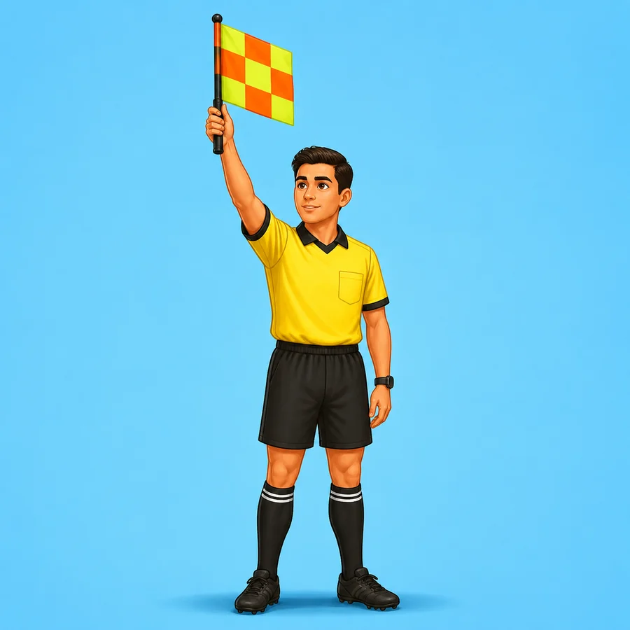 Cartoon soccer referee demonstrating the Assistant Referee Flag Raised signal