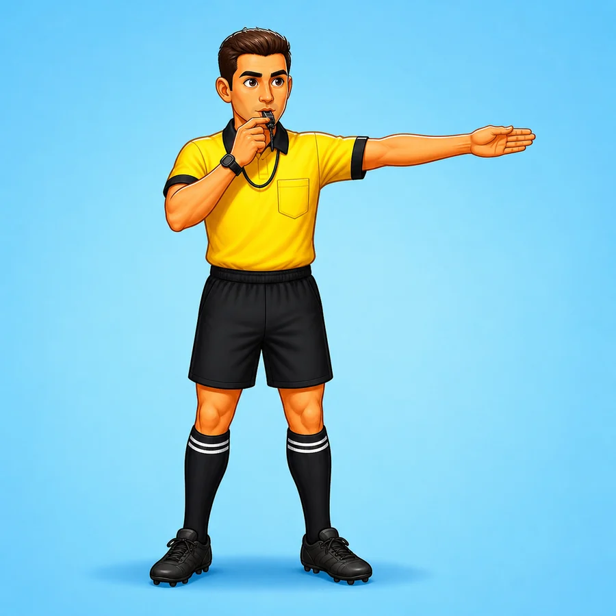 Cartoon soccer referee demonstrating the Direct Free Kick signal