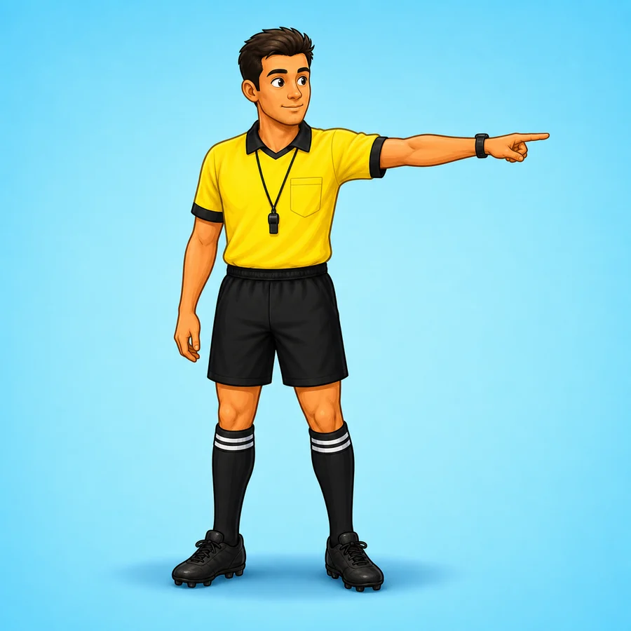 Cartoon soccer referee demonstrating the Direction Of The Restart signal