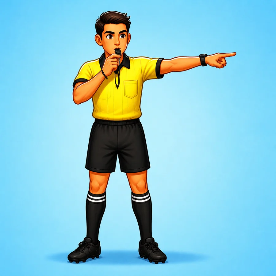 Cartoon soccer referee demonstrating the Foul Called signal