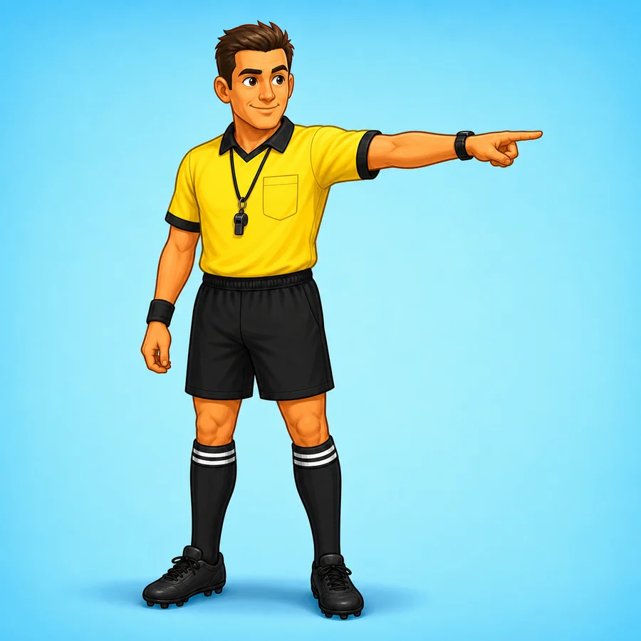 Cartoon soccer referee demonstrating the Goal Awarded signal