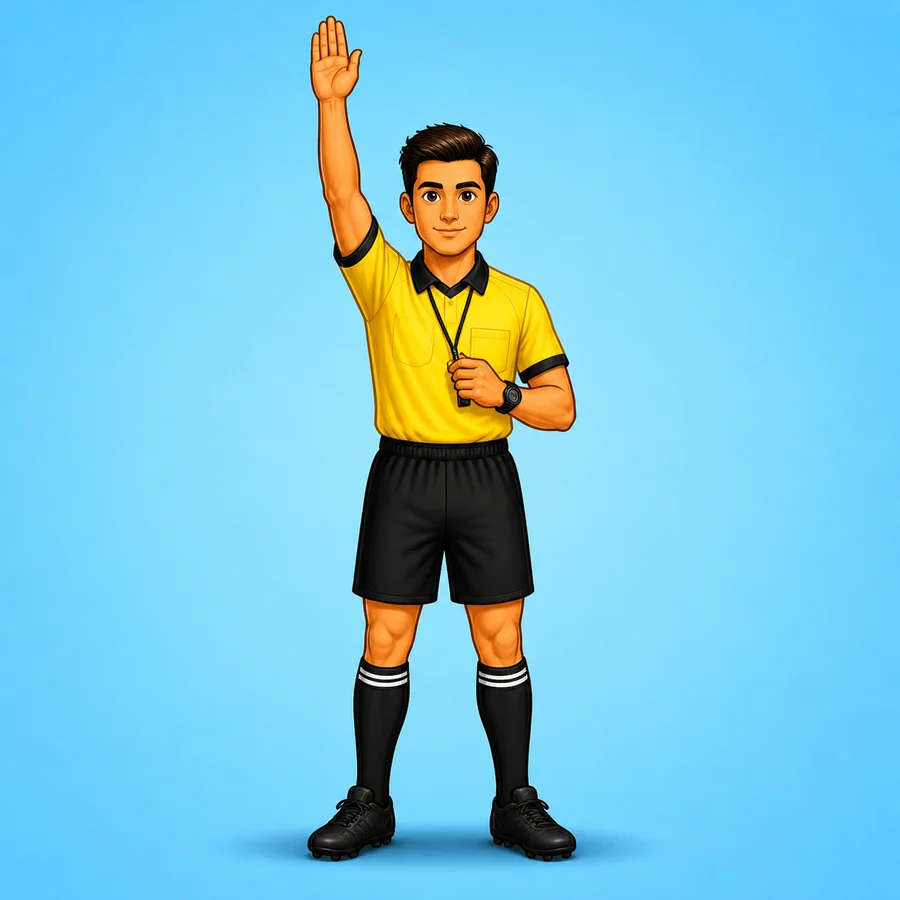 Cartoon soccer referee demonstrating the Indirect Free Kick signal