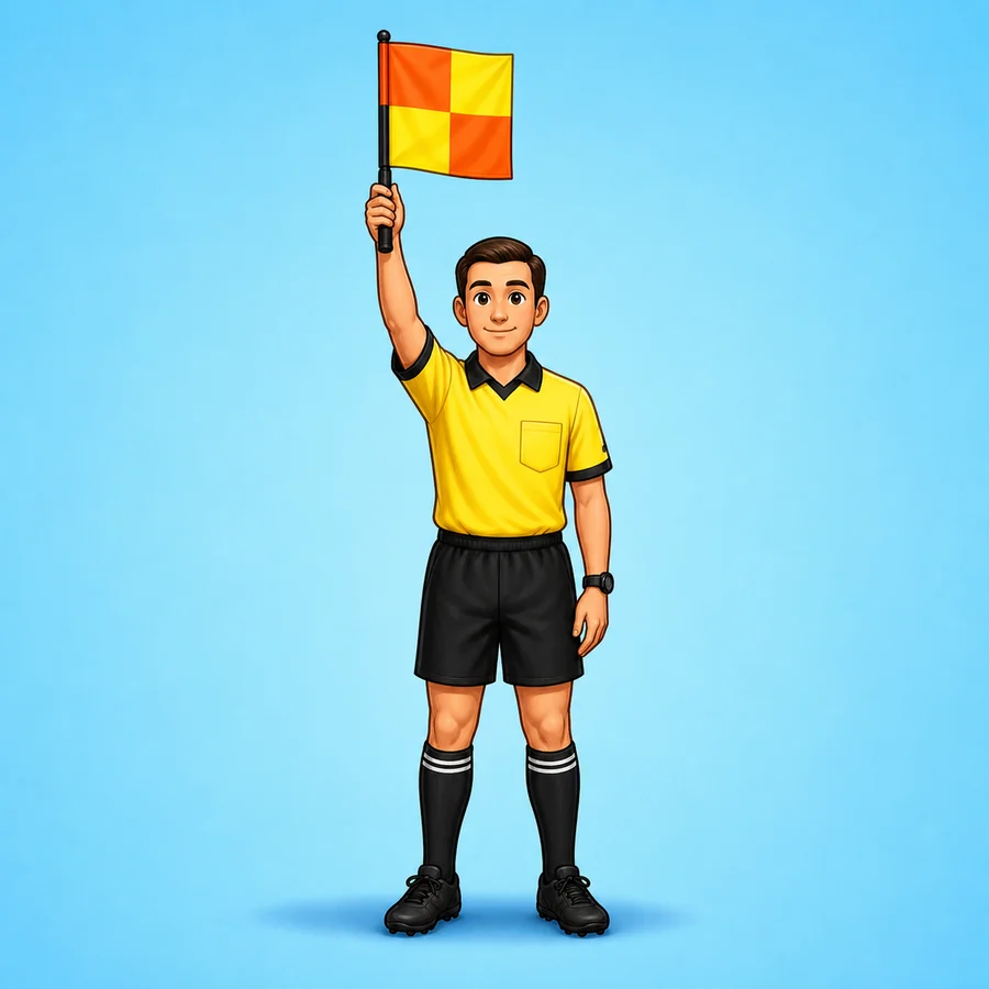 Cartoon soccer referee demonstrating the Offside signal