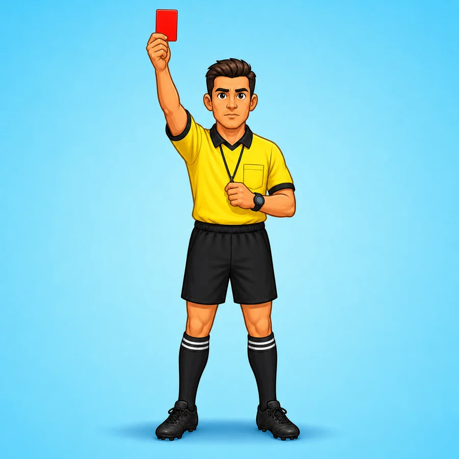 Cartoon soccer referee demonstrating the Red Card signal