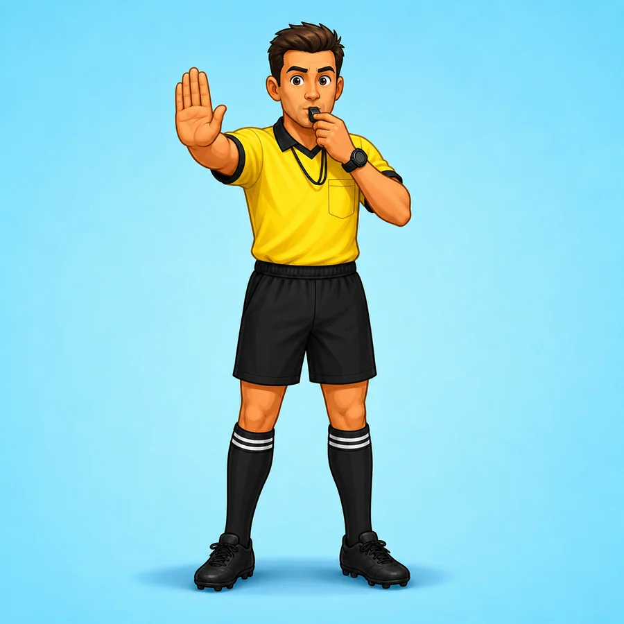 Cartoon soccer referee demonstrating the Whistle To Stop Play signal