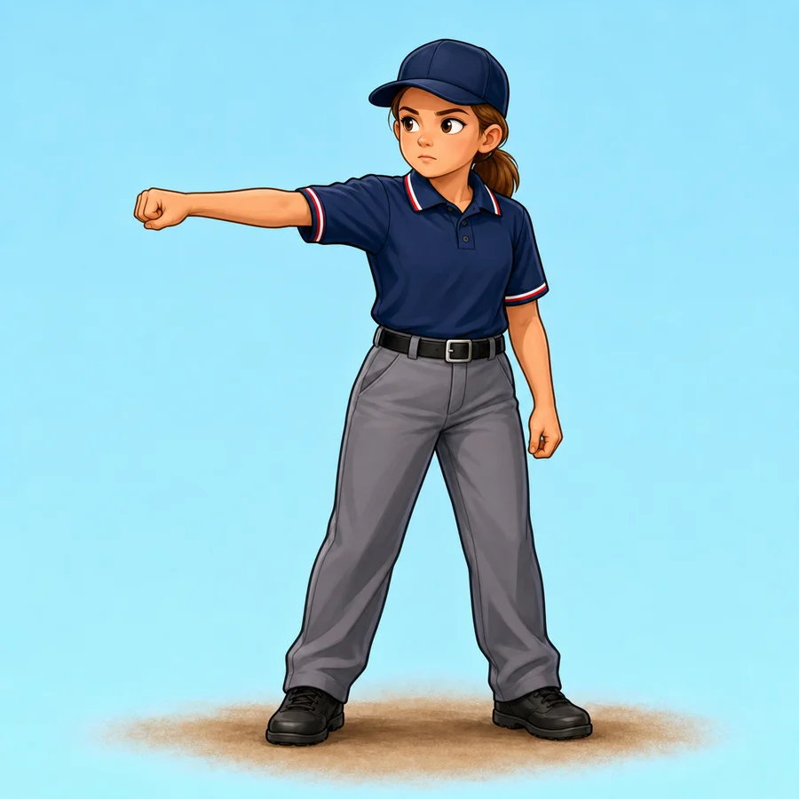 Cartoon softball umpire demonstrating the Delayed Dead Ball signal