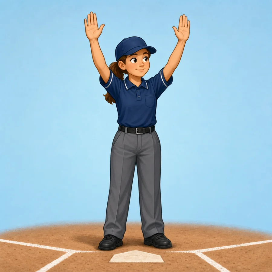 Cartoon softball umpire demonstrating the Foul Ball signal
