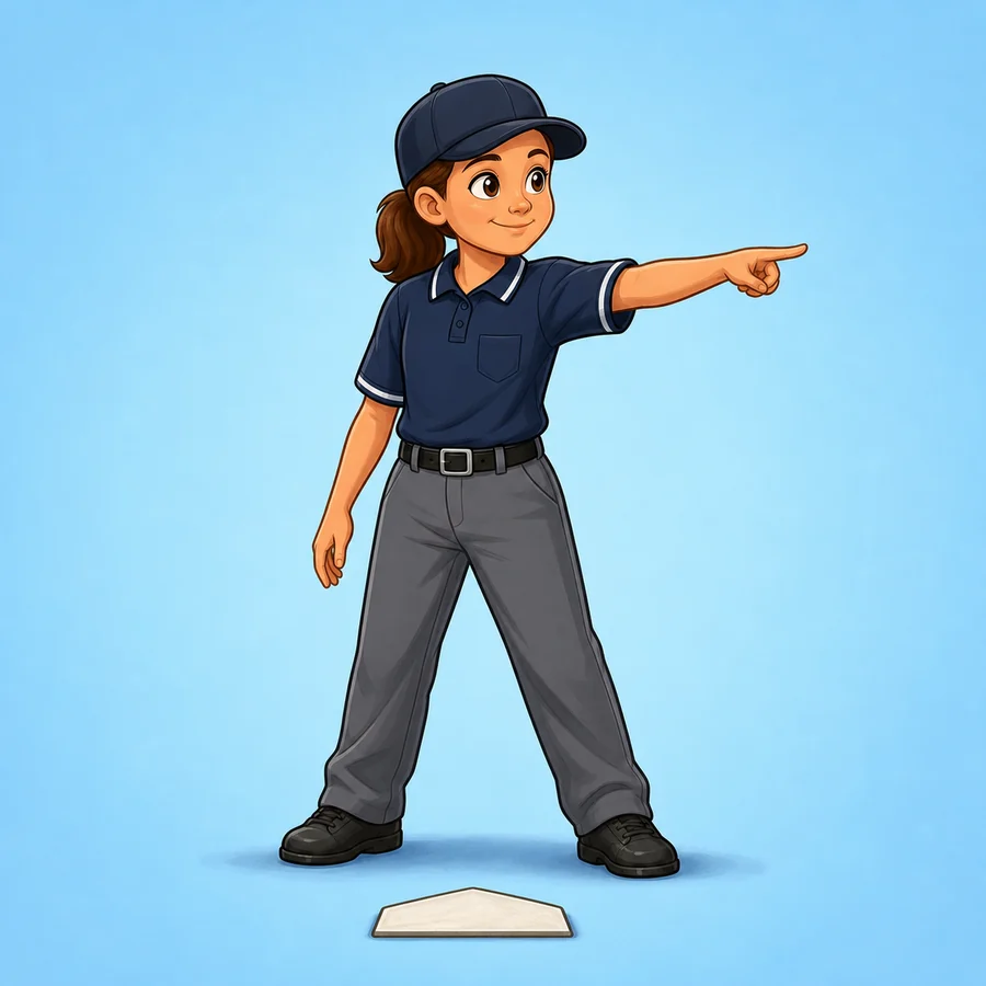 Cartoon softball umpire demonstrating the Play Ball signal