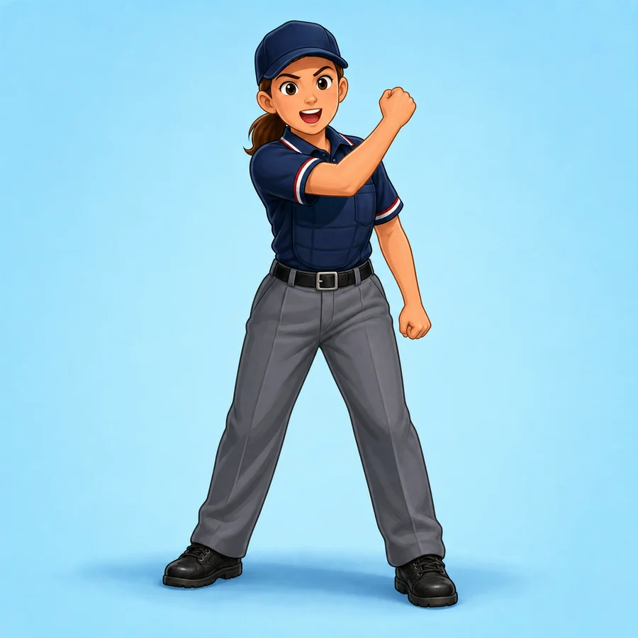 Cartoon softball umpire demonstrating the Strike signal