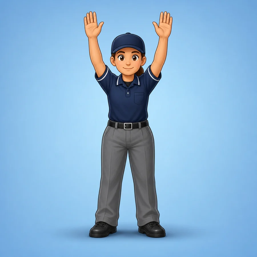 Cartoon softball umpire demonstrating the Time signal