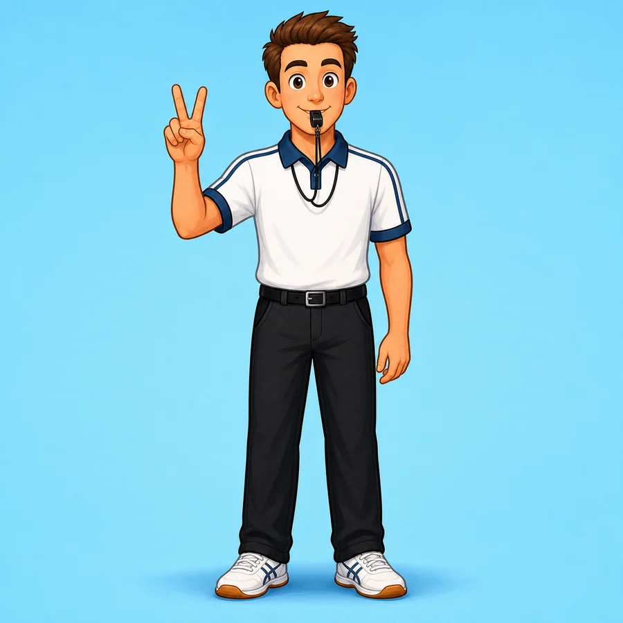 Cartoon volleyball referee demonstrating the Double Contact signal