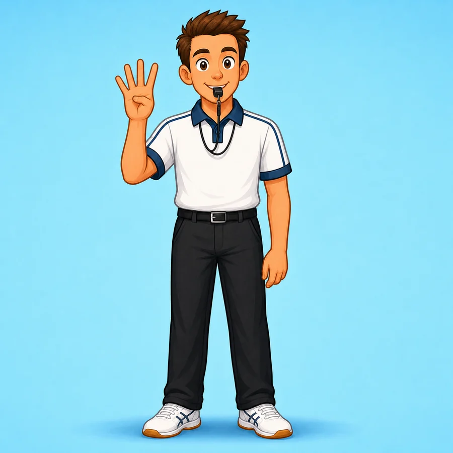 Cartoon volleyball referee demonstrating the Four Hits signal