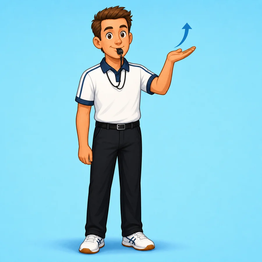Cartoon volleyball referee demonstrating the Lift Or Carry signal