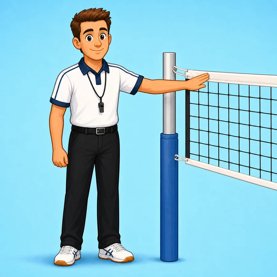 Cartoon volleyball referee demonstrating the Net Fault signal