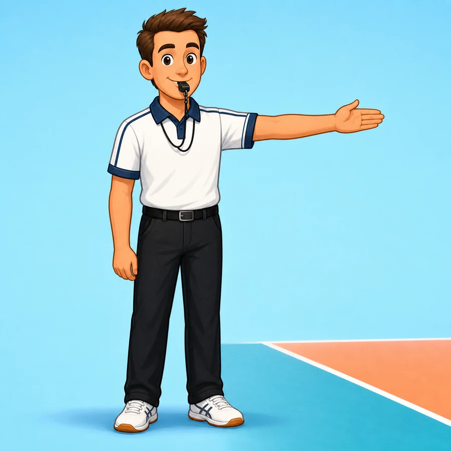 Cartoon volleyball referee demonstrating the Point Or Side-Out signal