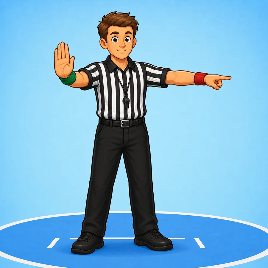 Cartoon wrestling referee demonstrating the Caution Or False Start signal