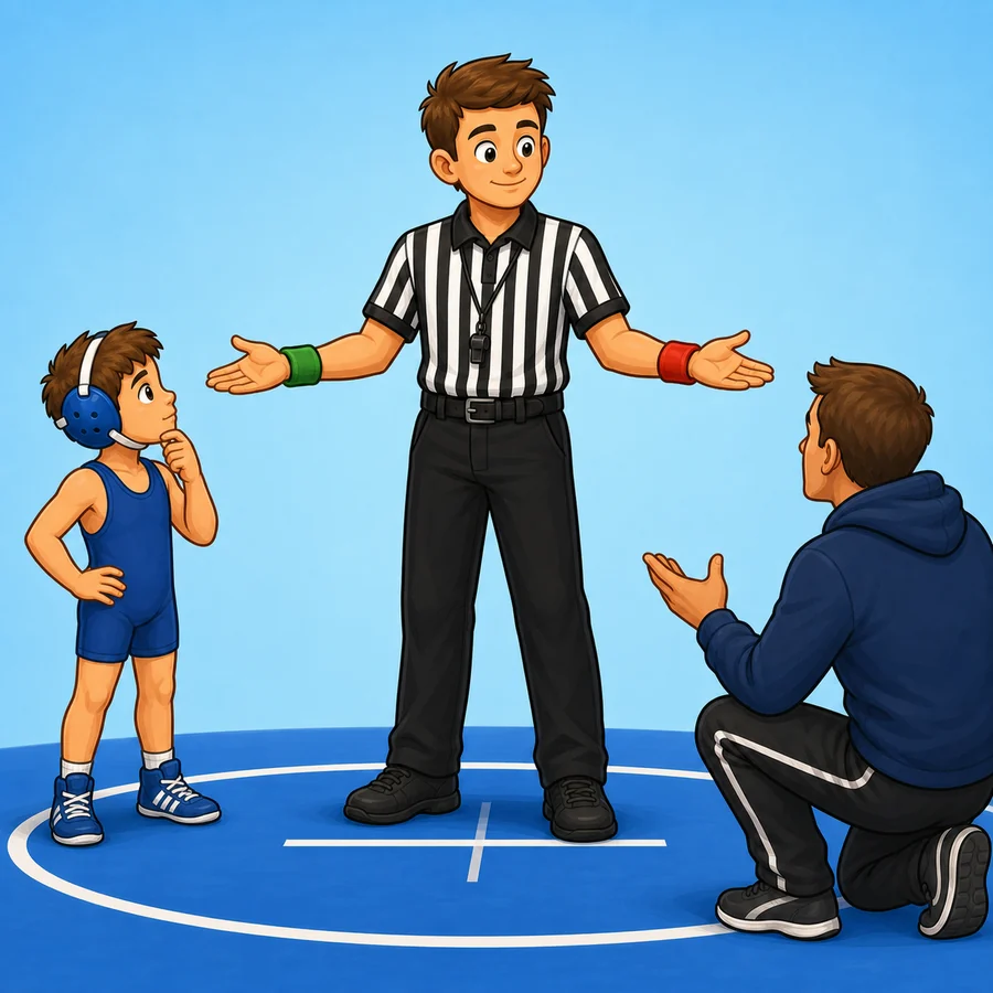 Cartoon wrestling referee demonstrating the Choice Or Defer signal