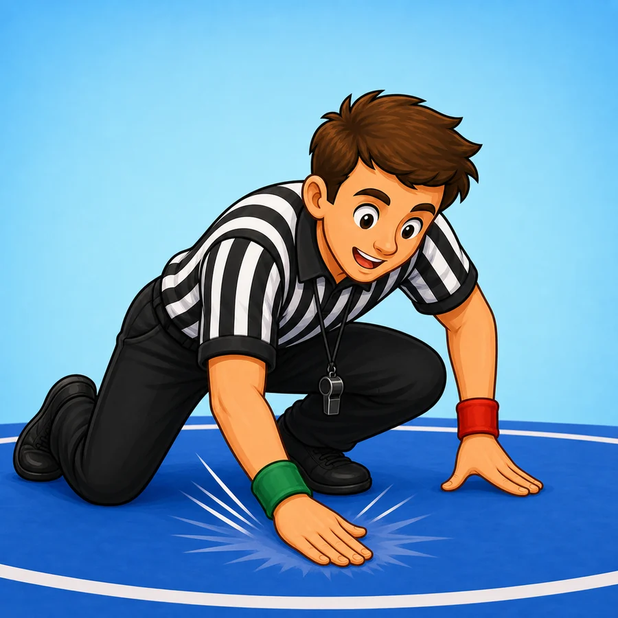 Cartoon wrestling referee demonstrating the Fall Or Pin signal