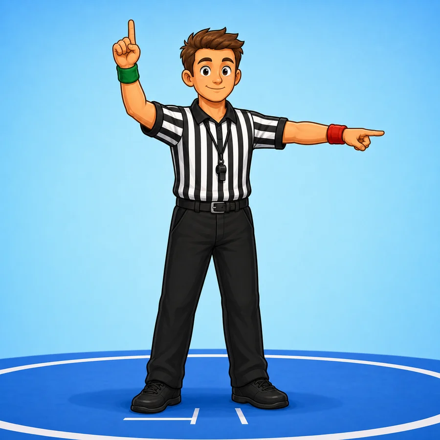Cartoon wrestling referee demonstrating the Penalty Point signal